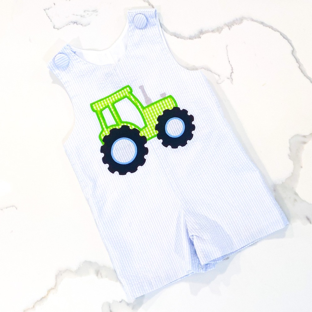Appliqué Tractor Blue Seersucker Jon Jon